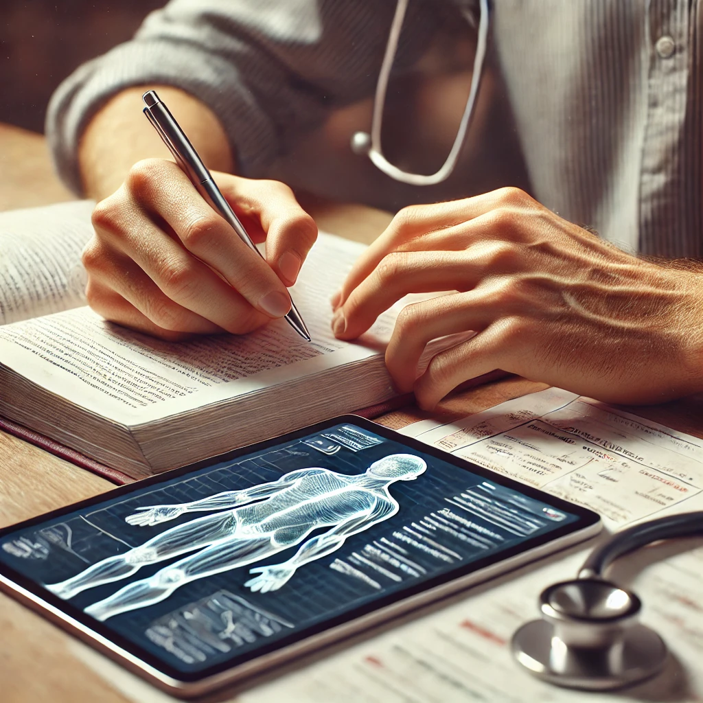 Close-up of a student's hands writing notes next to a medical textbook and a digital tablet displaying clinical data- ITMedAcademy